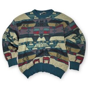 Vtg 90s Mosaic Tile Aztec Knit Sweater Men XL Cosby Grandpa Wool Tribal AOP